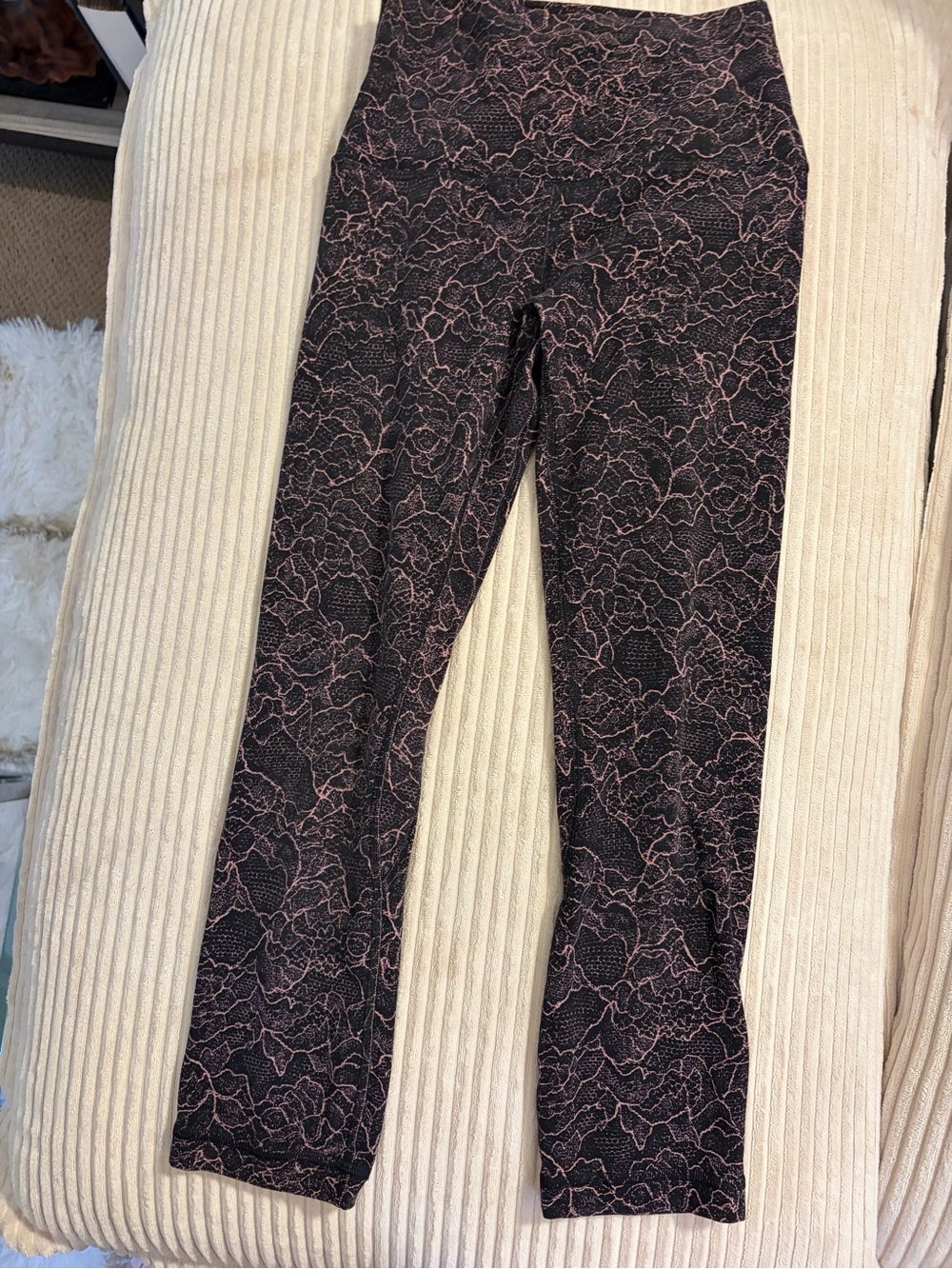 lululemon Black Leggings with Pink Lace-Style Print like new